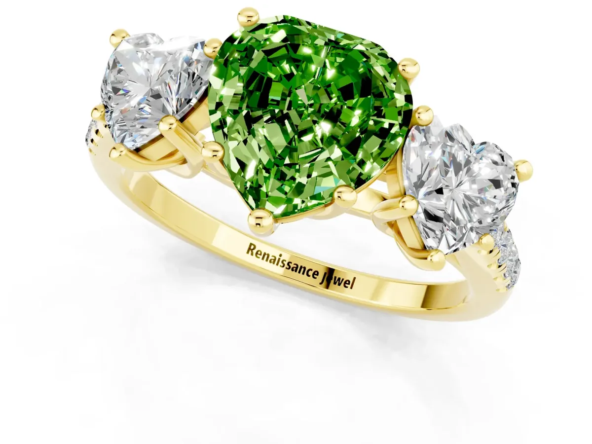 Three-Stone Heart Cut Peridot Ring with Round Pavé Band and Prong Setting Yellow gold