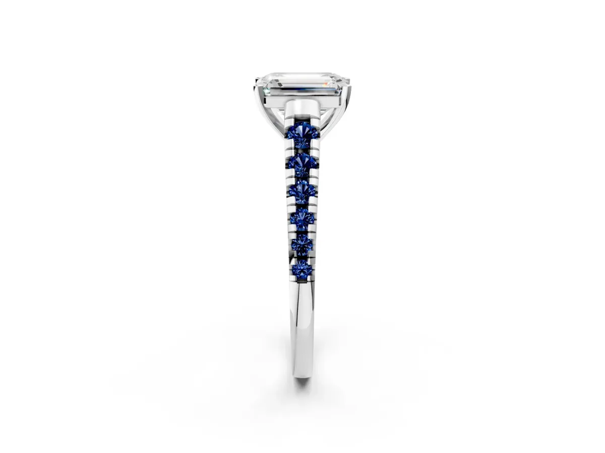 Emerald Cut Diamond Cathedral Solitaire Ring with Round Blue Sapphire Pavé Band Silver