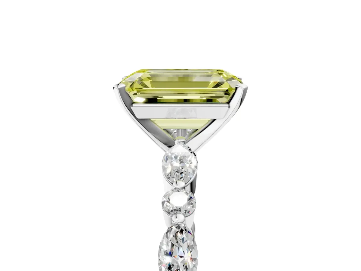 Fancy Yellow Emerald Cut Diamond Ring with Marquise and Round Side Stones and Four-Prong Setting Silver