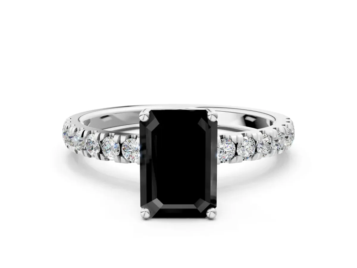 Fancy Black Emerald Cut Diamond Pave Band Solitaire Ring with Round and Prong Setting White gold