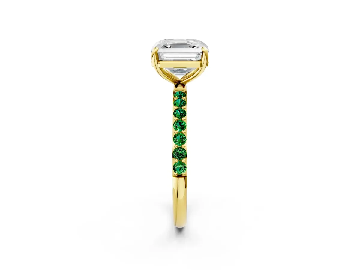 Asscher Cut Diamond Solitaire Ring with Round Emerald Pavé Band and Prong Setting Yellow gold