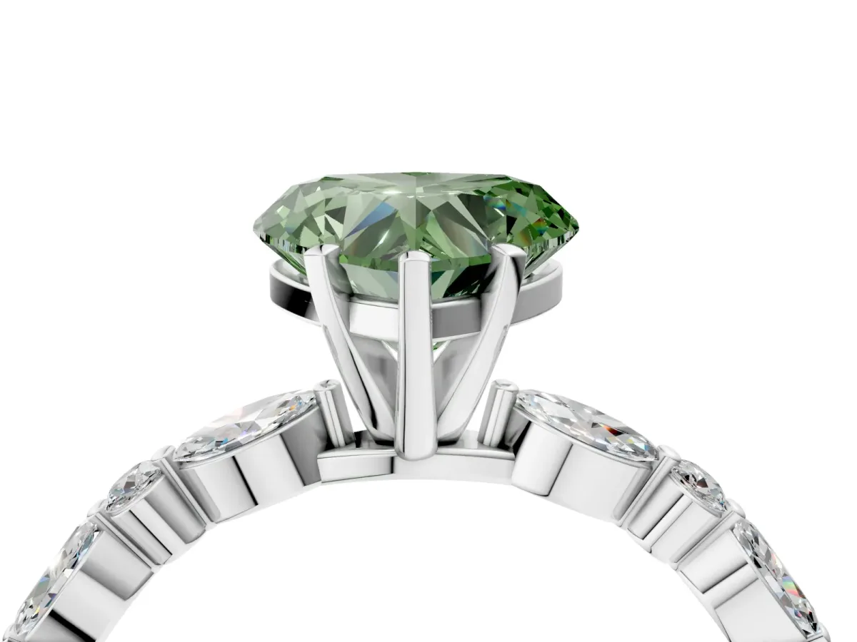 Fancy Green Heart Cut Diamond Ring with Marquise and Round Side Stones and Four-Prong Setting Silver