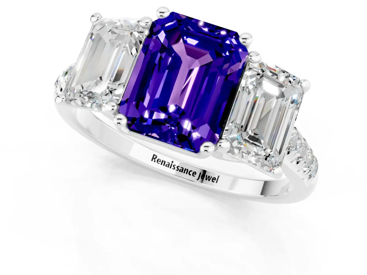 Three-Stone Emerald Cut Tanzanite Ring with Round Pavé Band and Prong Setting Platinum