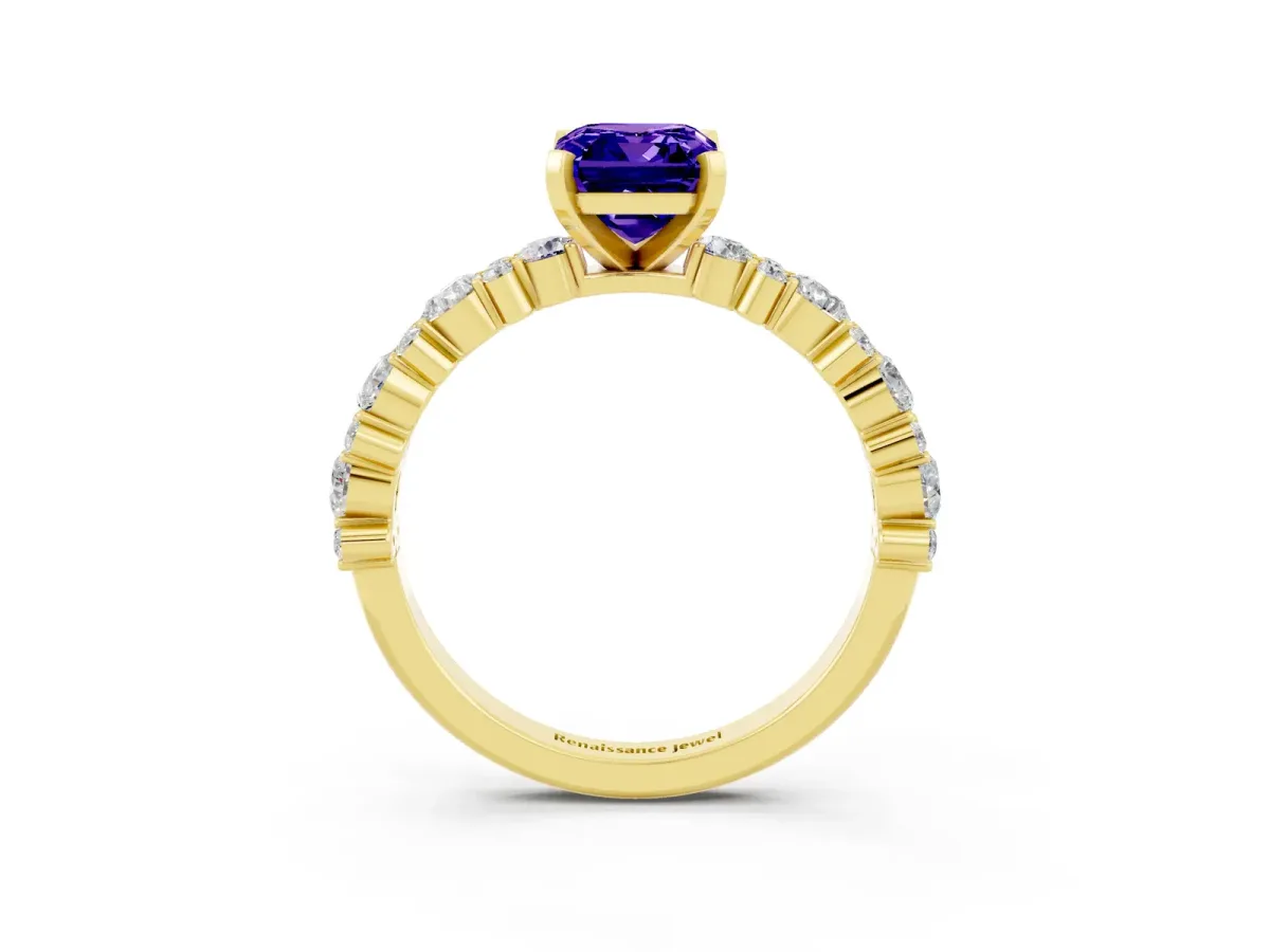 Emerald Cut Tanzanite Side Stone Solitaire Ring with Round and Four-Prong Setting Yellow gold