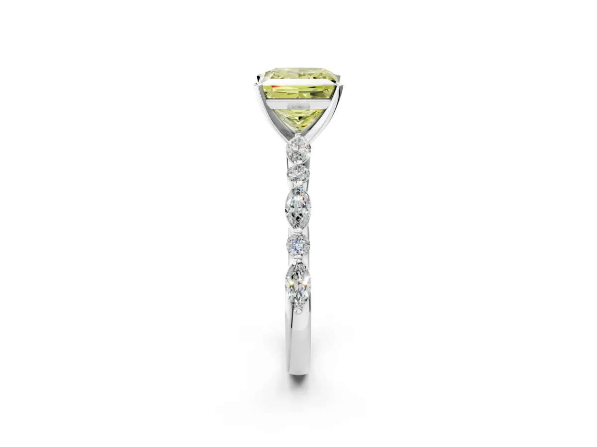 Fancy Yellow Princess Cut Diamond Ring with Marquise and Round Side Stones and Four-Prong Setting Silver