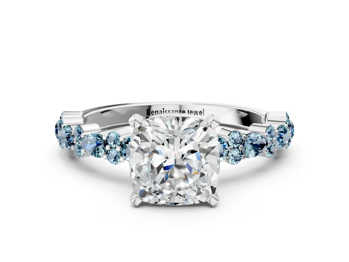 Cushion Cut Diamond Side Stone Solitaire Ring with Round Aquamarine and Four-Prong Setting Platinum