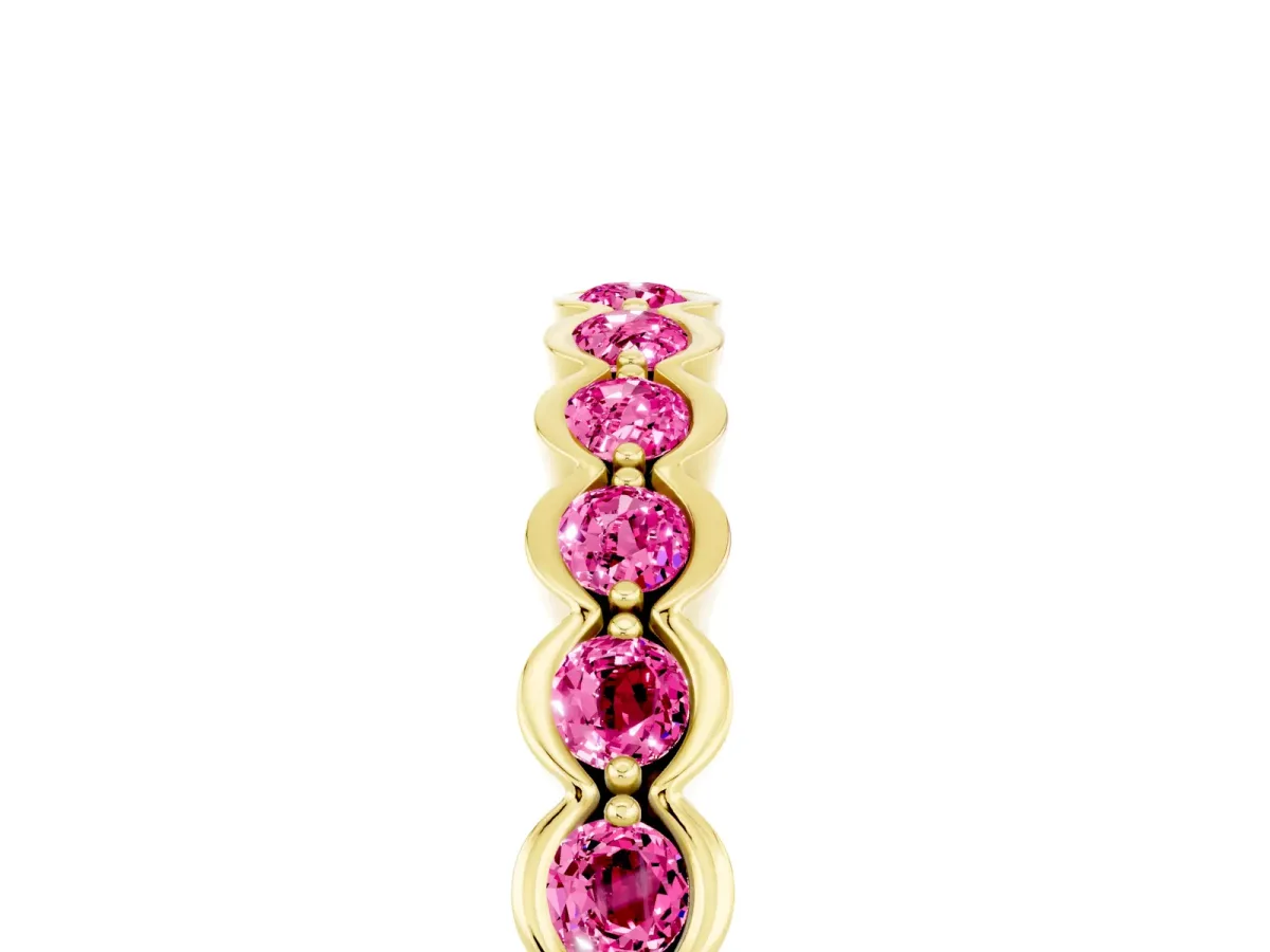 Round Pink Sapphire Bezel Set Eternity Band Yellow gold