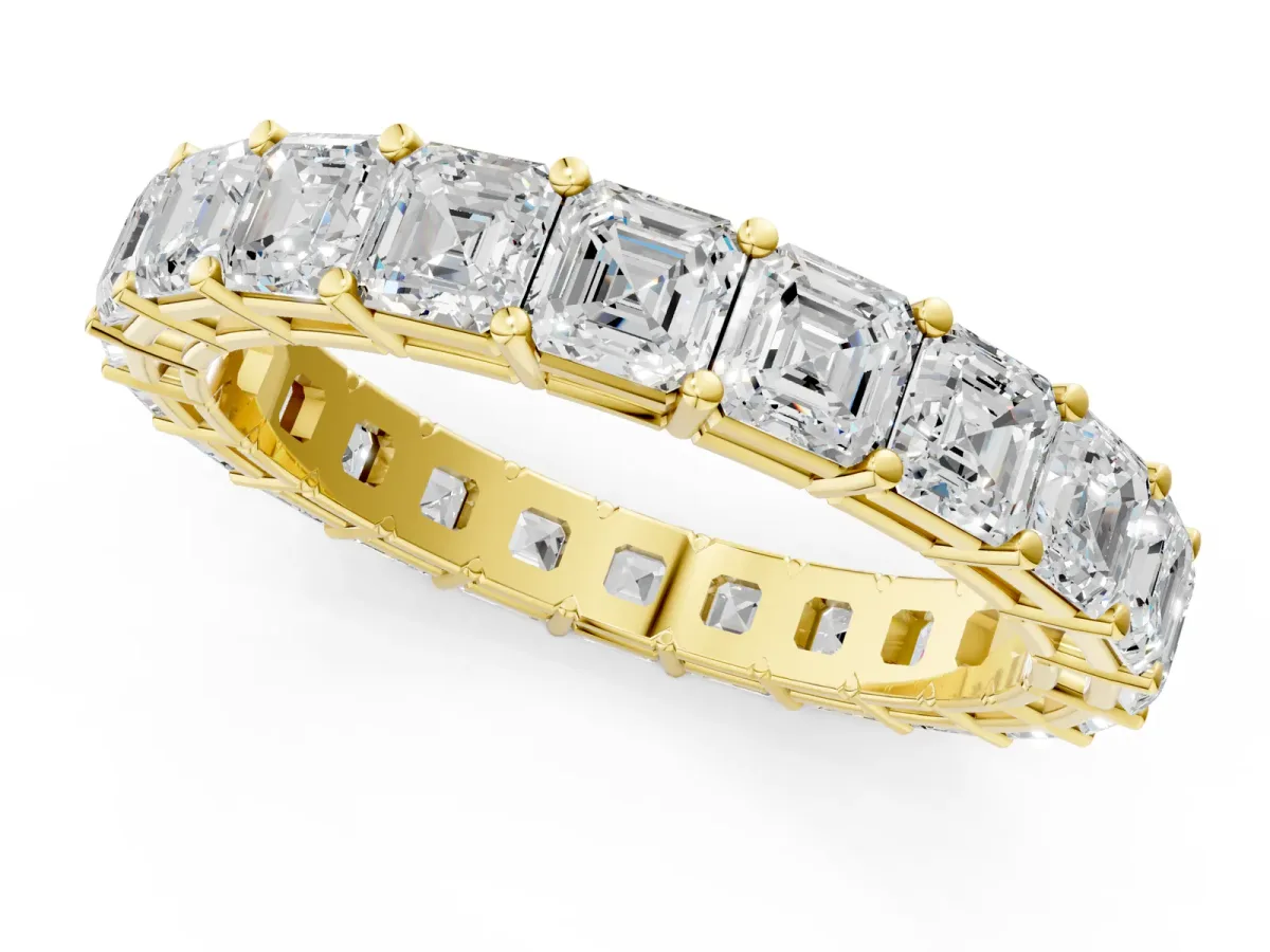 Asscher Cut Eternity Band with Shared Prong Setting Yellow gold