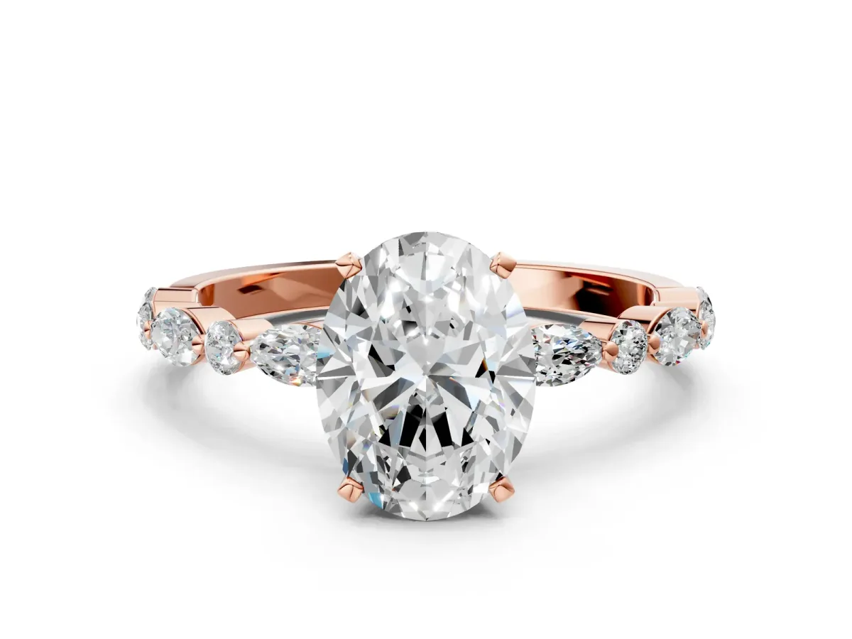 Oval Cut Diamond Ring with Marquise and Round Side Stones and Four-Prong Setting Rose gold