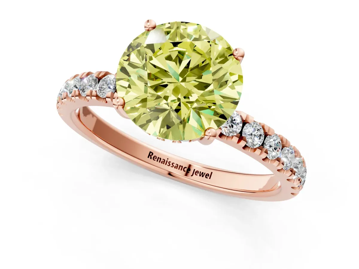 Fancy Yellow Round Cut Diamond Pave Band Solitaire Ring with Round and Prong Setting Rose gold