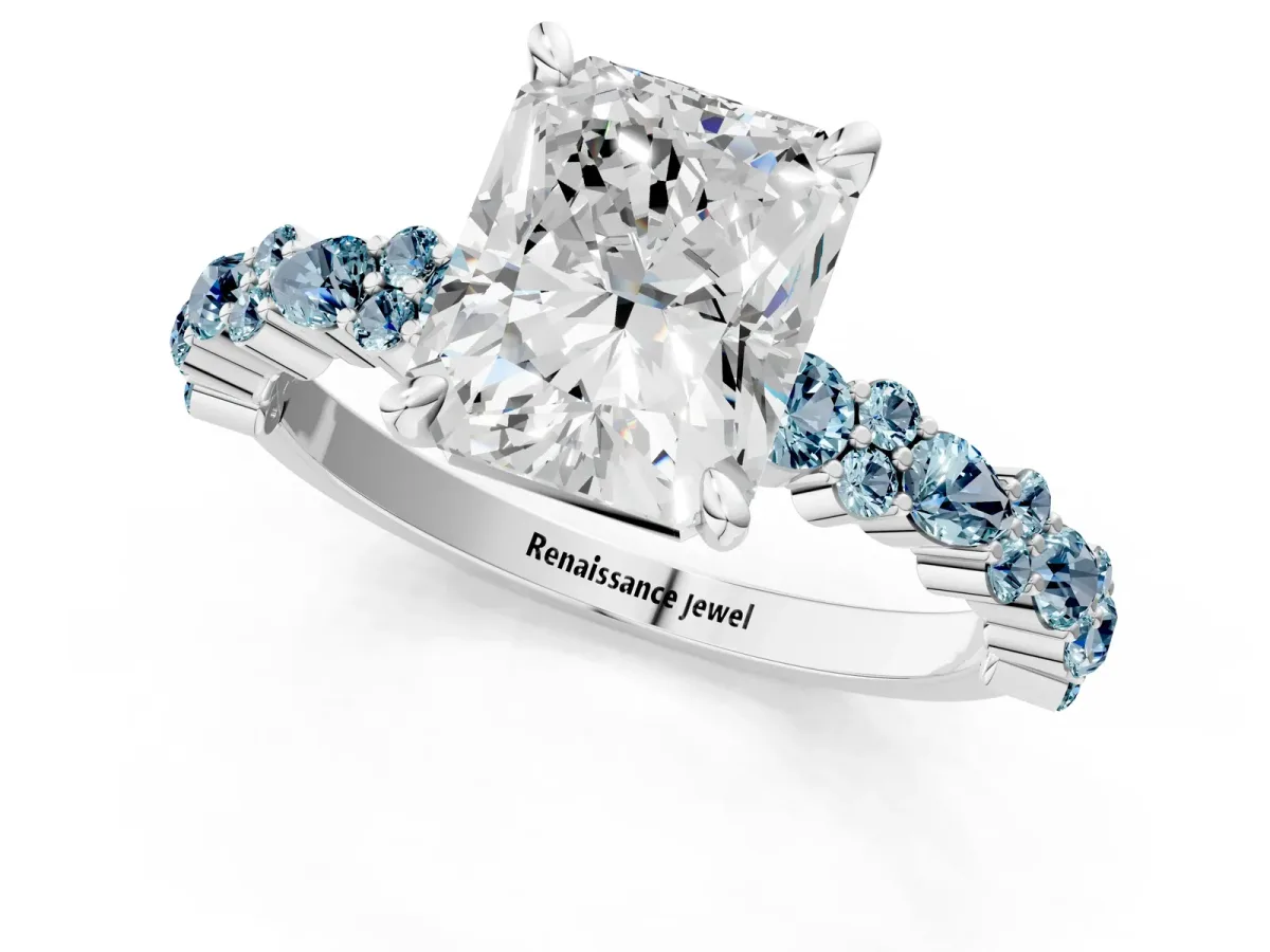 Radiant Cut Diamond Side Stone Solitaire Ring with Round Aquamarine and Four-Prong Setting Platinum