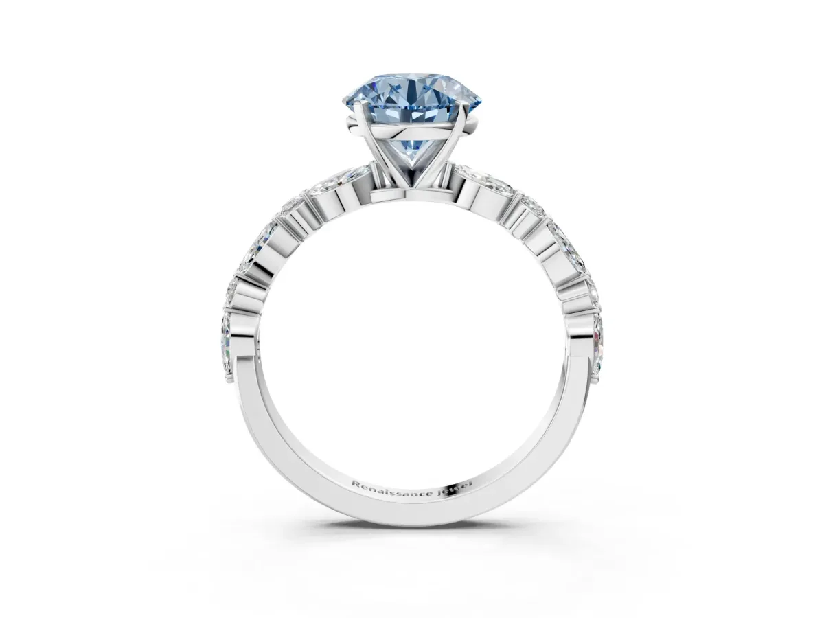 Fancy Blue Round Cut Diamond Ring with Marquise and Round Side Stones and Four-Prong Setting White gold