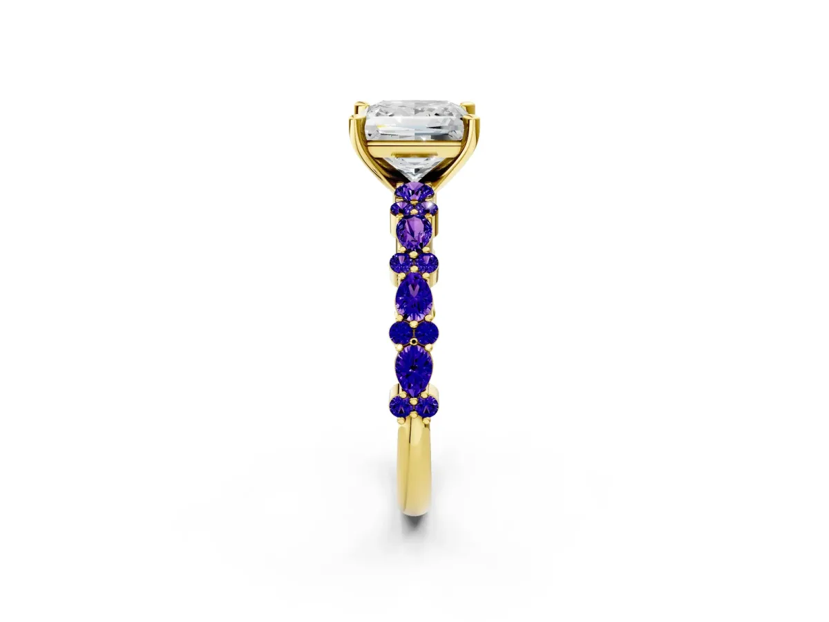 Princess Cut Diamond Side Stone Solitaire Ring with Round Tanzanite and Four-Prong Setting Yellow gold