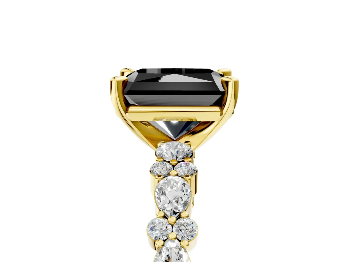 Fancy Black Radiant Cut Diamond Side Stone Solitaire Ring with Round and Four-Prong Setting Yellow gold