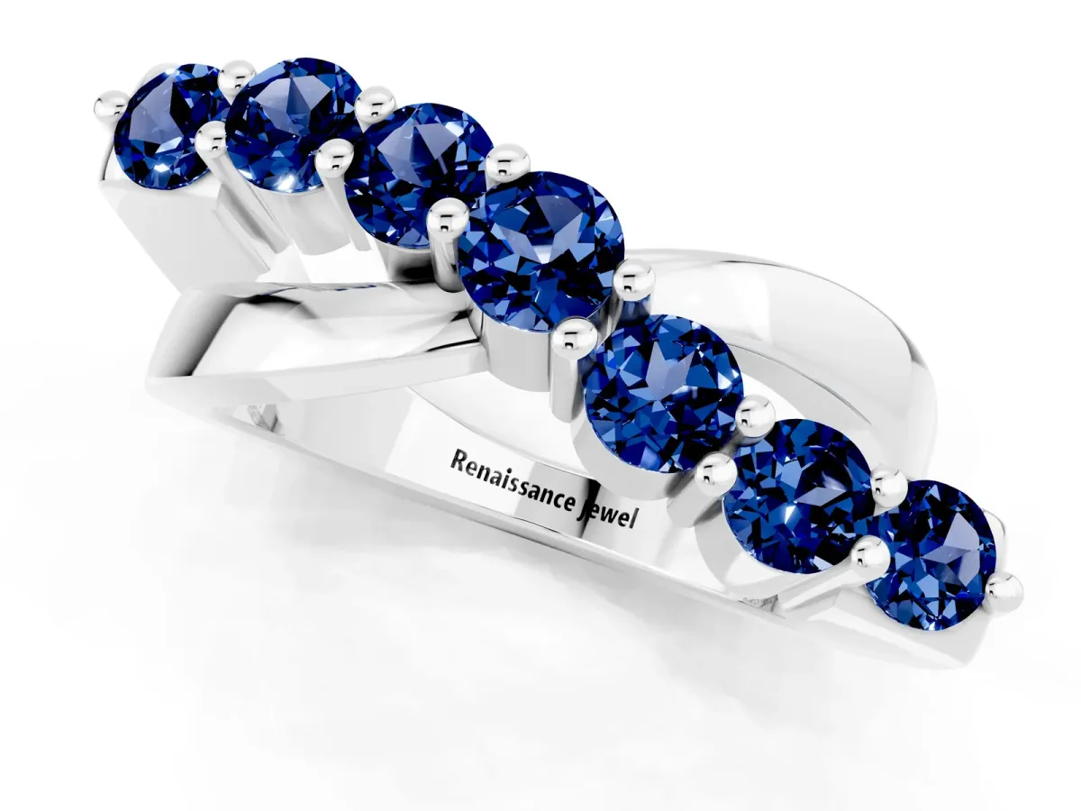 Round Blue Sapphire Prong-Set Crossover Band Silver