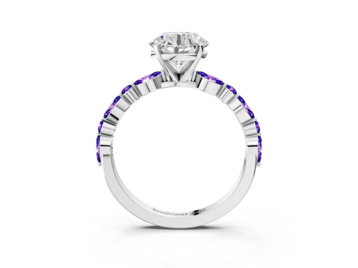 Round Cut Diamond Ring with Marquise and Round Tanzanite Side Stones and Four-Prong Setting Silver