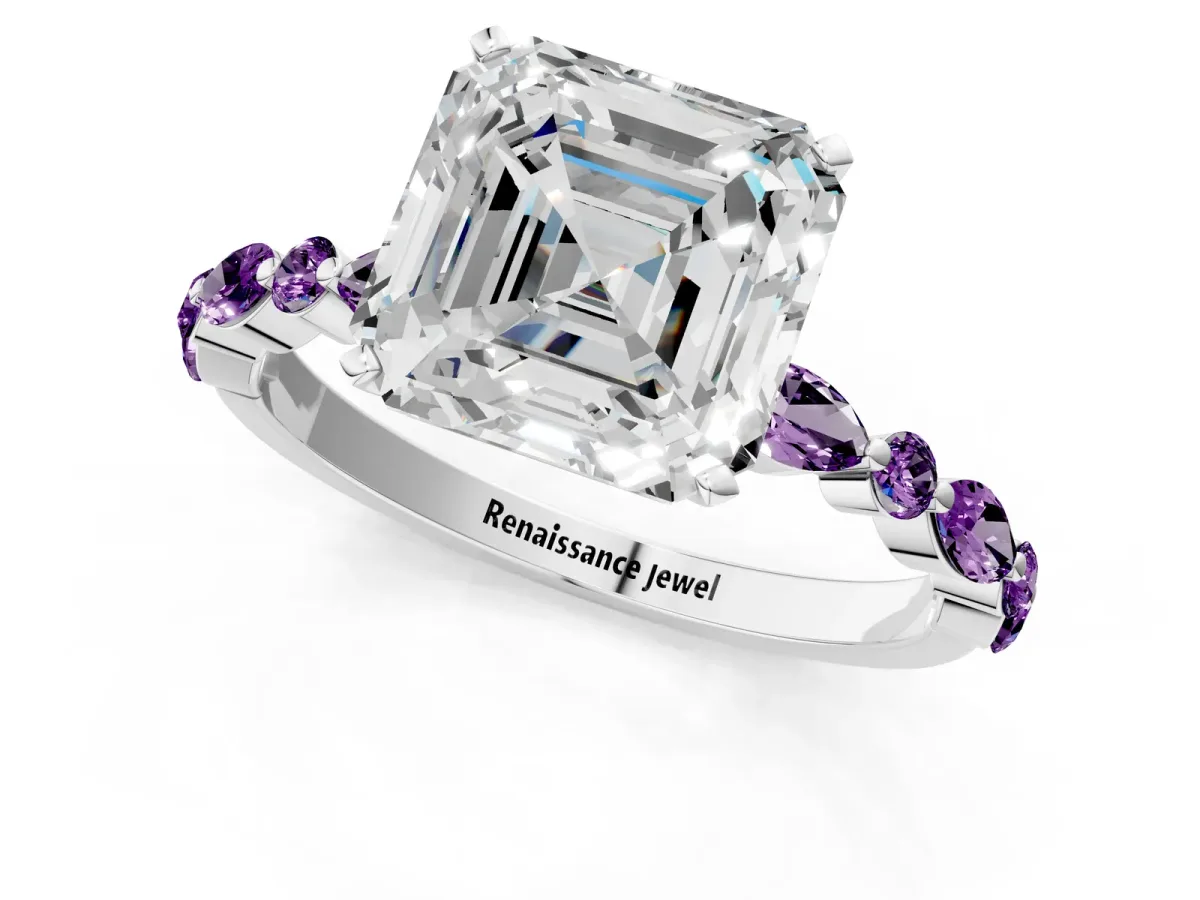 Asscher Cut Diamond Ring with Marquise and Round Amethyst Side Stones and Four-Prong Setting Platinum
