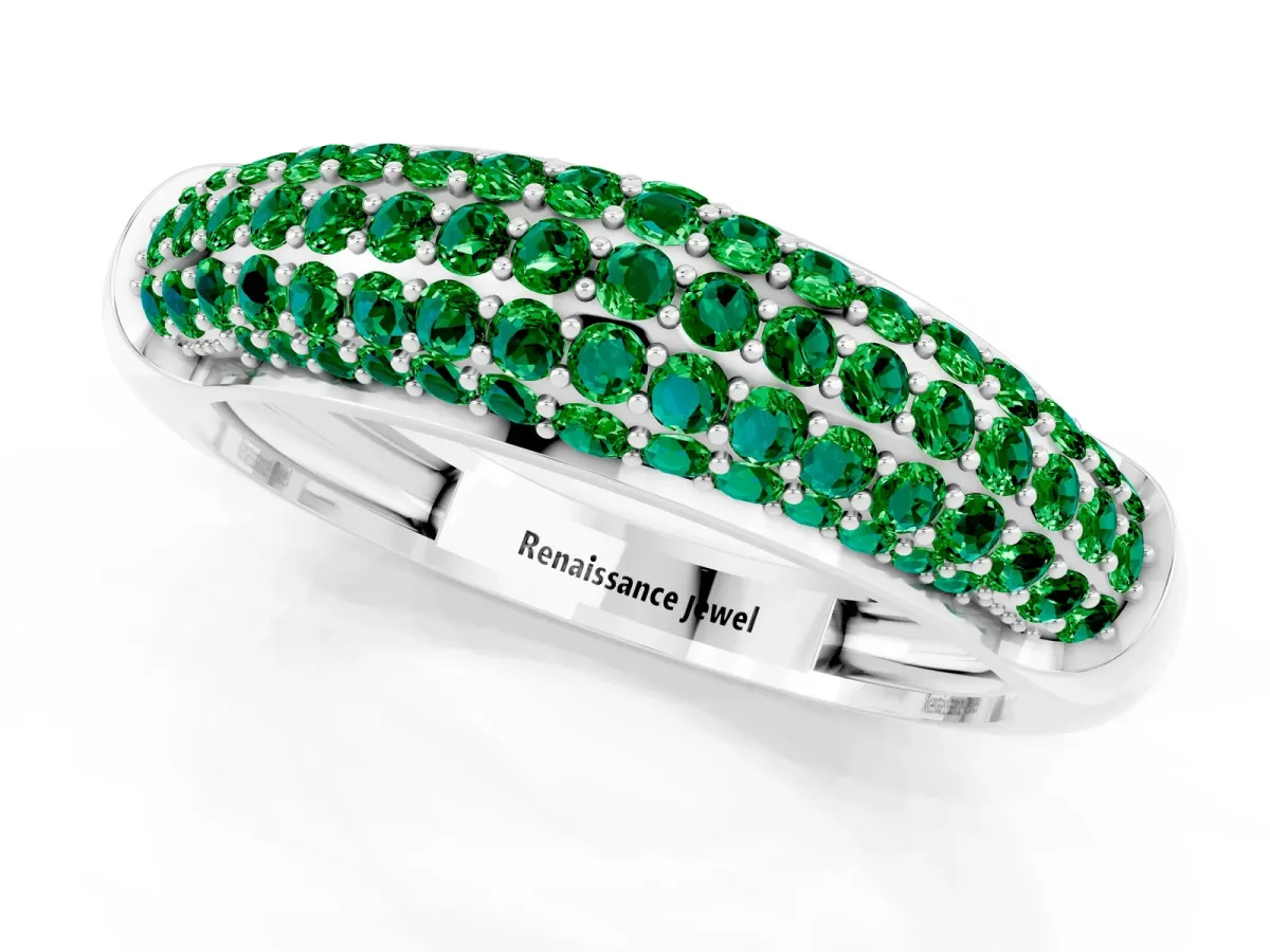 Three-Row Pavé Round Emerald Dome Band Silver