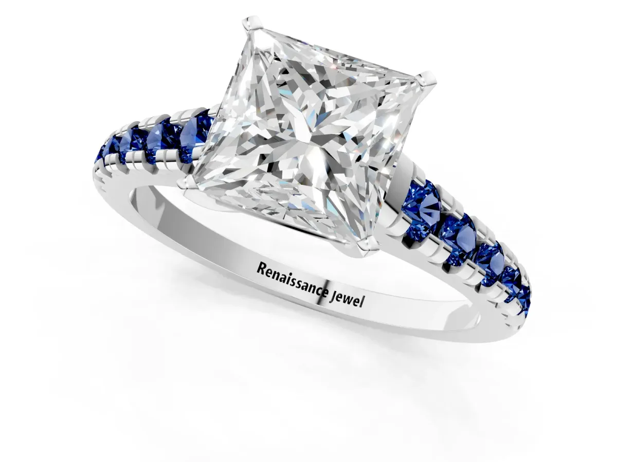 Princess Cut Diamond Cathedral Solitaire Ring with Round Blue Sapphire Pavé Band Platinum
