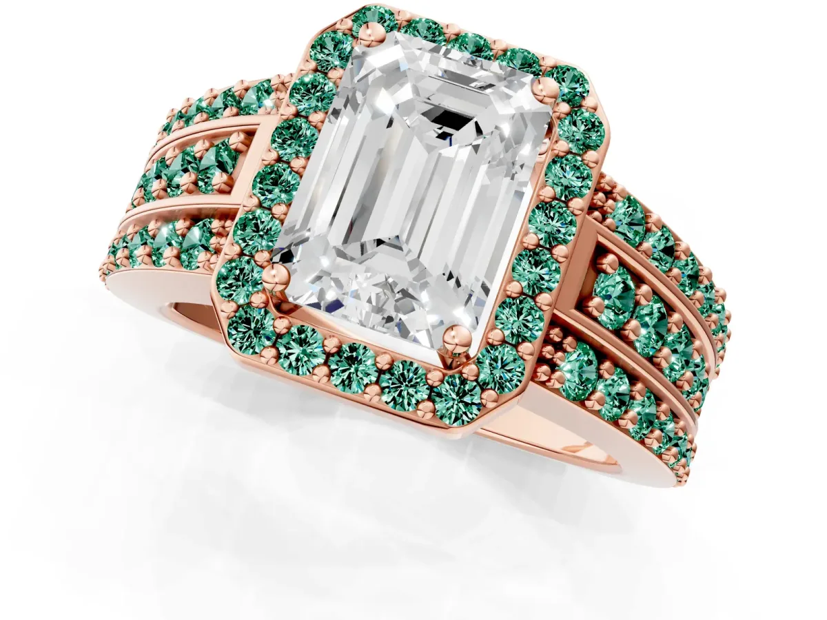Emerald Cut Halo Diamond Ring with Round Green Sapphire Split Shank and Prong Setting Rose gold