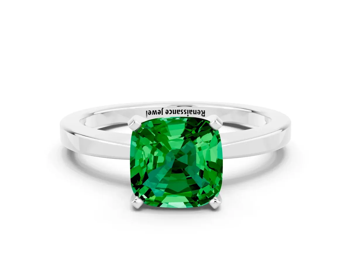 Cushion Cut Emerald Solitaire Engagement Ring with Classic Band and Four-Prong Setting White gold