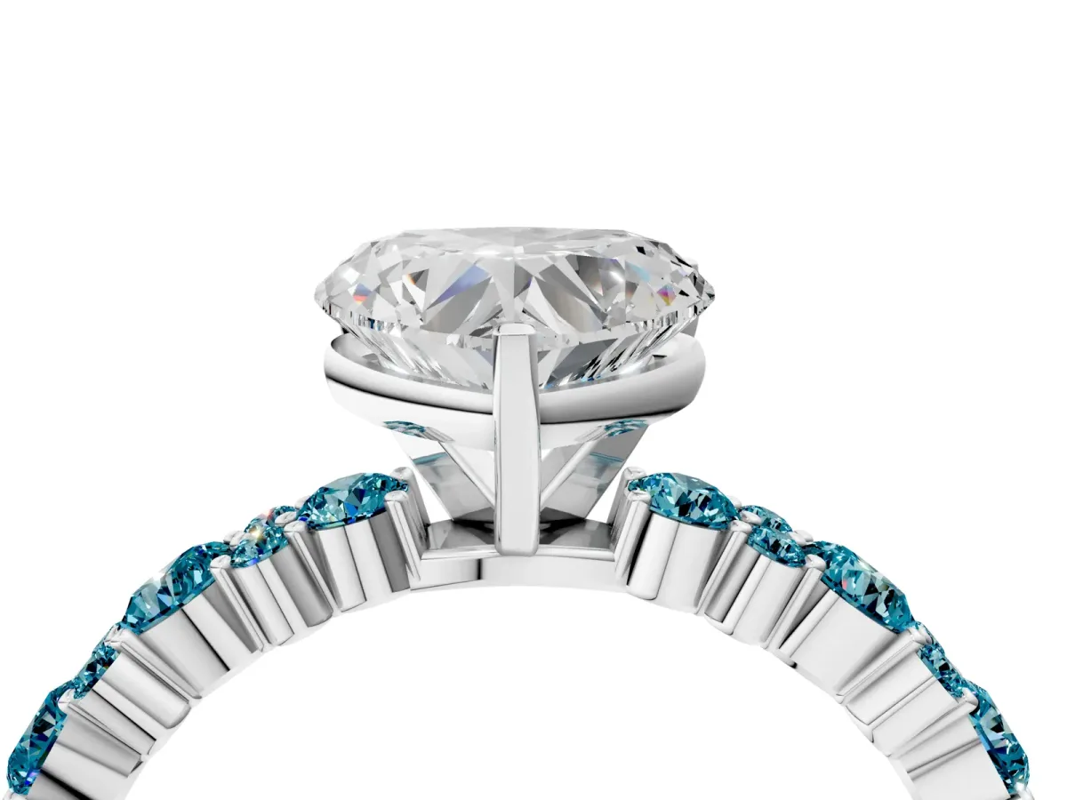 Heart Cut Diamond Side Stone Solitaire Ring with Round Blue Topaz and Four-Prong Setting Platinum