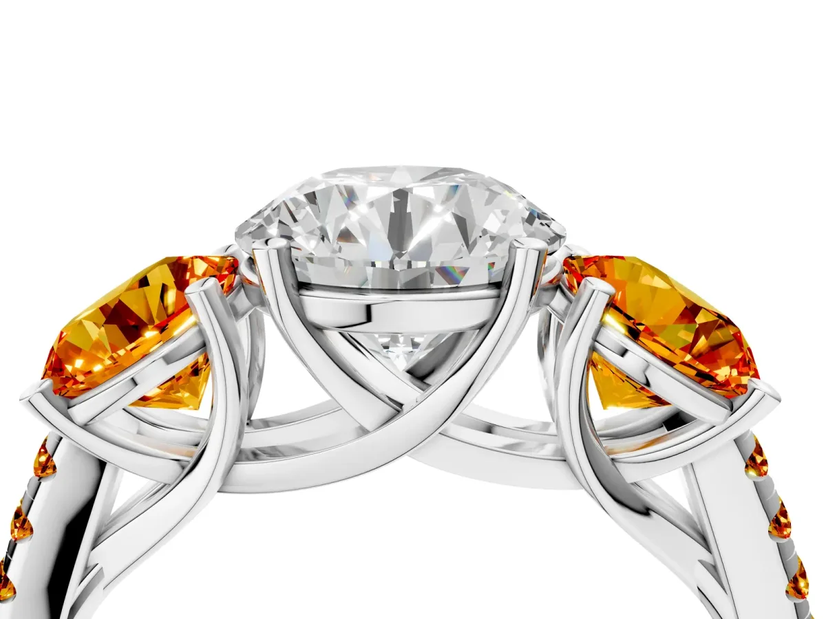 Three-Stone Round Cut Diamond Ring with Round Citrine Pavé Band and Prong Setting White gold