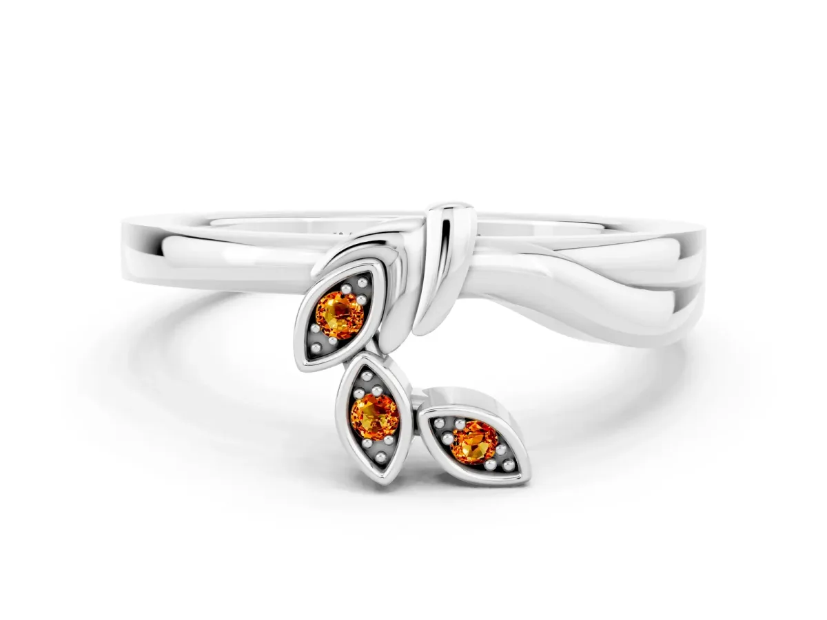 Three-Stone Round Citrine Leaf Bypass Ring with Bezel Setting Platinum