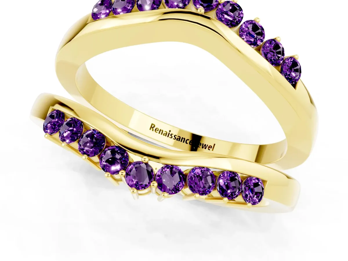 Round Amethyst Chevron Contour Band with Prong Setting Yellow gold