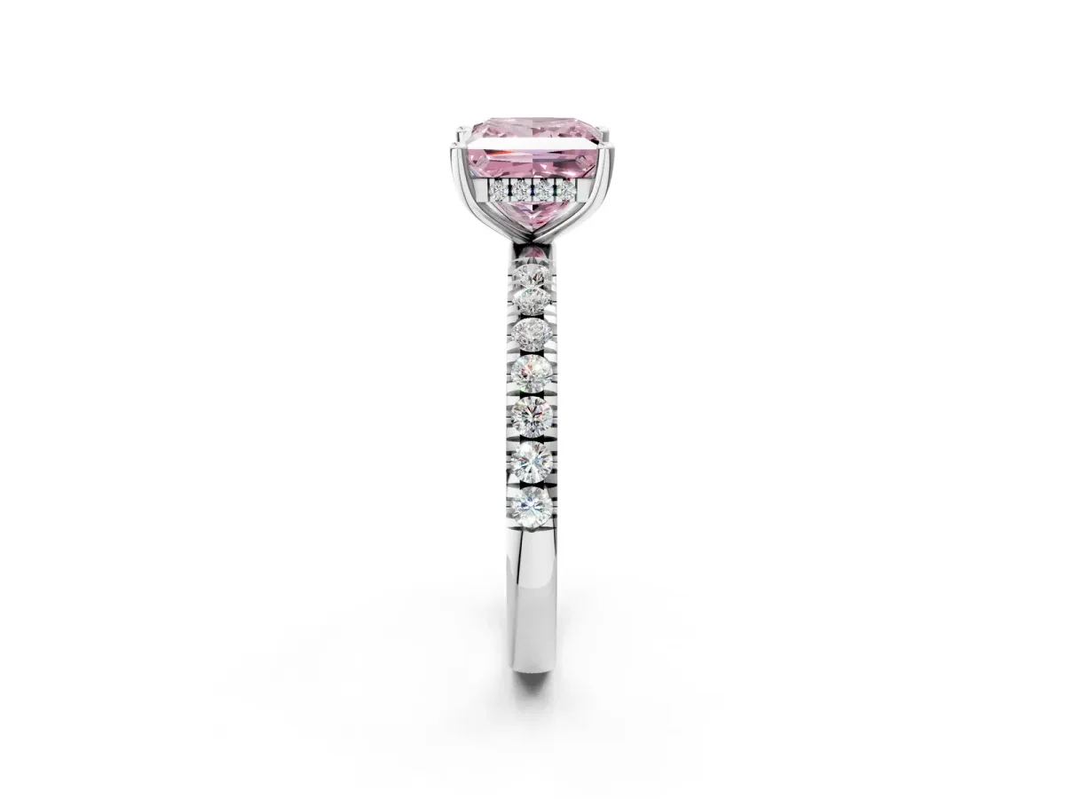 Fancy Pink Princess Cut Diamond Pave Band Solitaire Ring with Round and Prong Setting Platinum