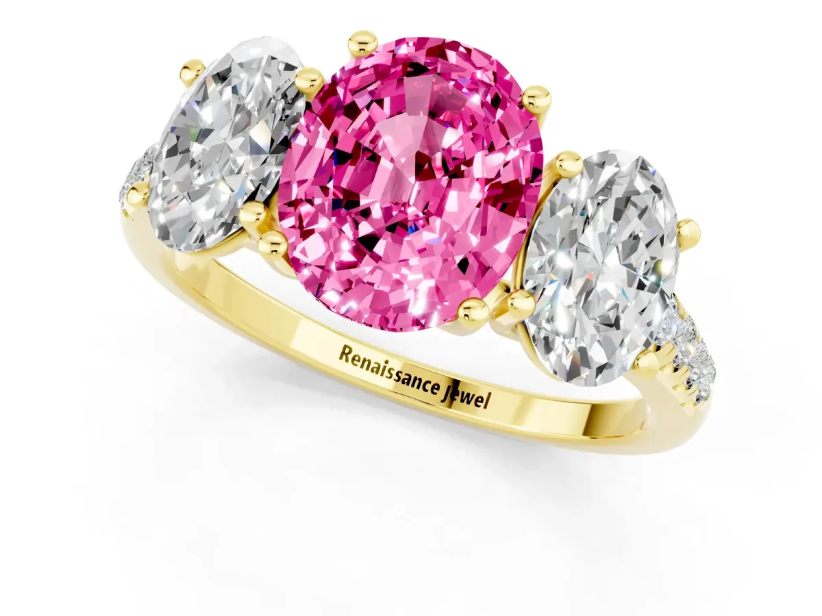 Three-Stone Oval Cut Pink Sapphire Ring with Round Pavé Band and Prong Setting Yellow gold