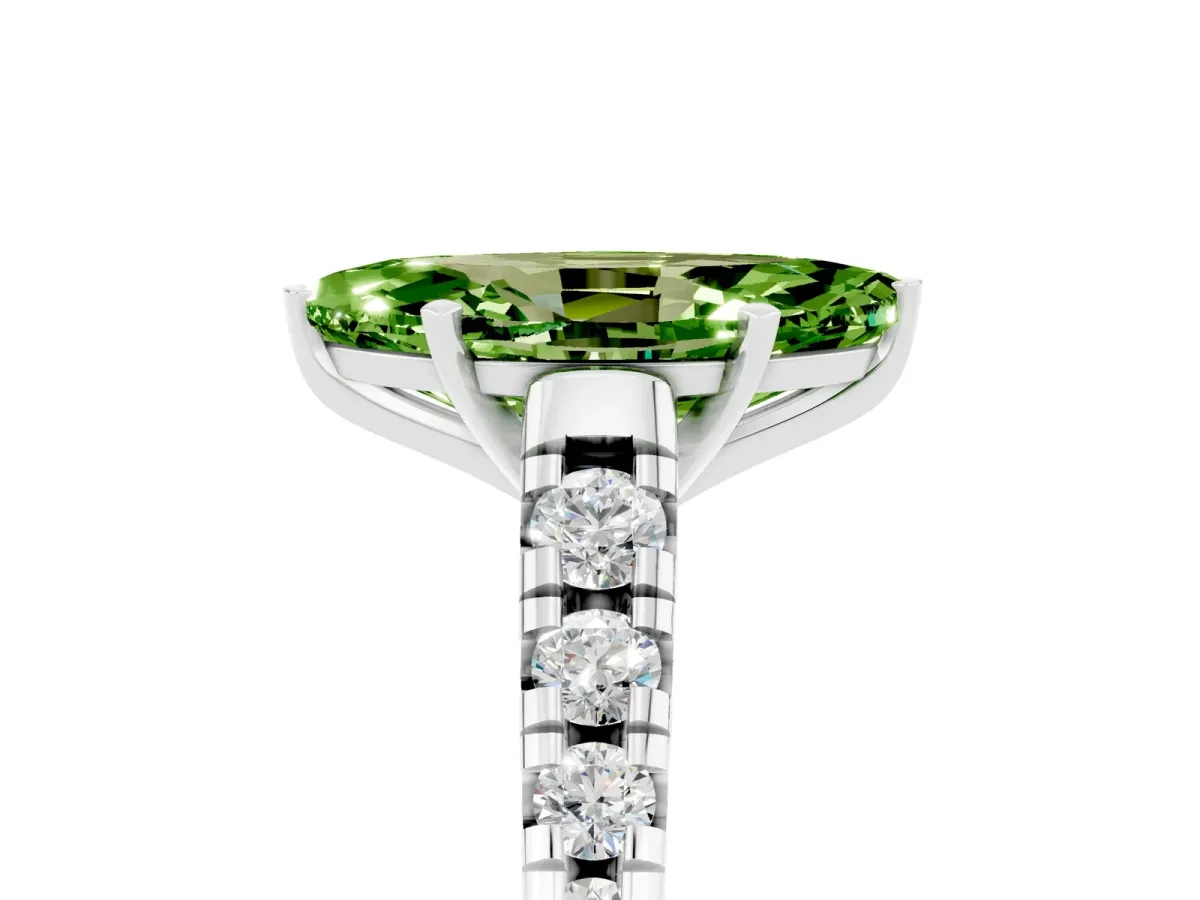 Marquise Cut Peridot Cathedral Solitaire Ring with Round Pavé Band Platinum