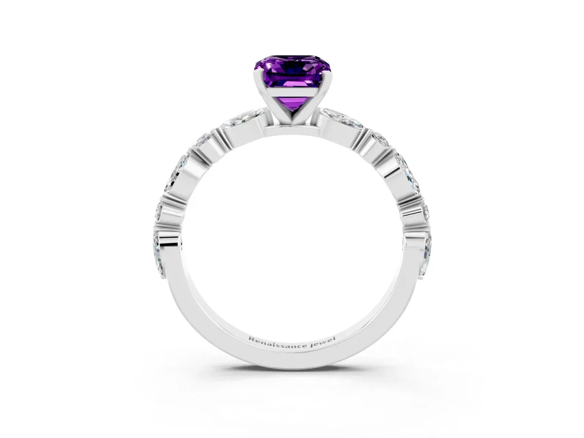 Emerald Cut Amethyst Ring with Marquise and Round Side Stones and Four-Prong Setting White gold