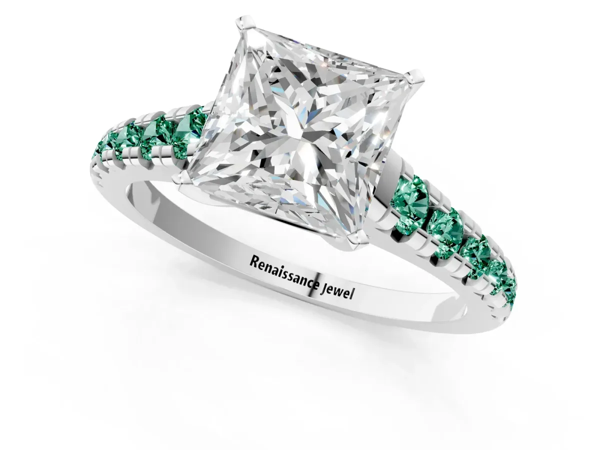 Princess Cut Diamond Cathedral Solitaire Ring with Round Green Sapphire Pavé Band Silver