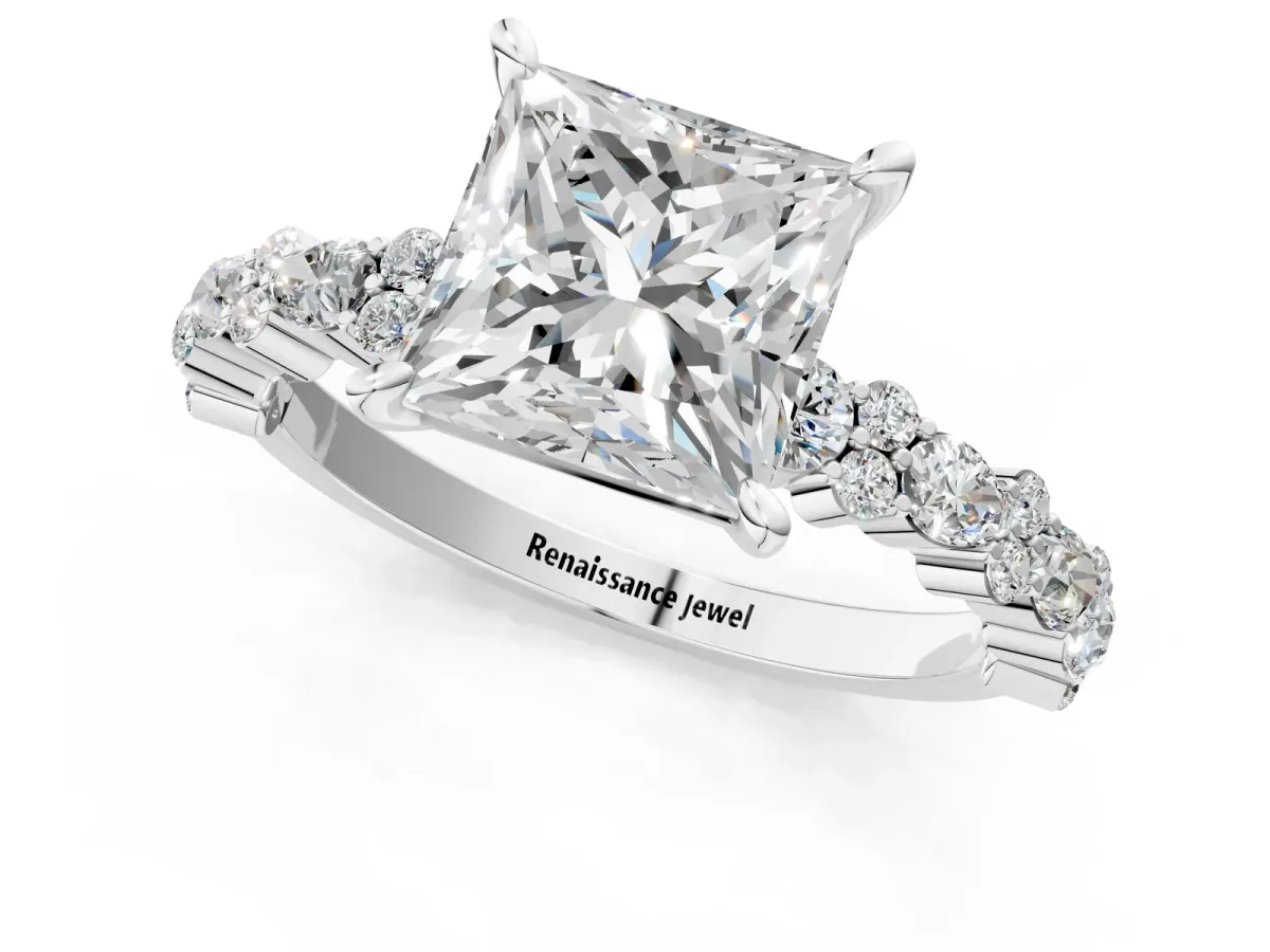 Princess Cut Diamond Side Stone Solitaire Ring with Round and Four-Prong Setting Platinum