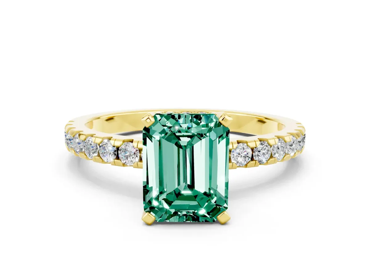 Emerald Cut Green Sapphire Solitaire Ring with Round Pavé Band and Four-Prong Setting Yellow gold