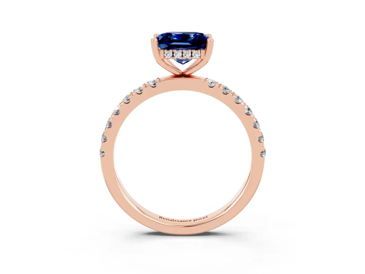 Princess Cut Blue Sapphire Pave Band Solitaire Ring with Round and Prong Setting Rose gold