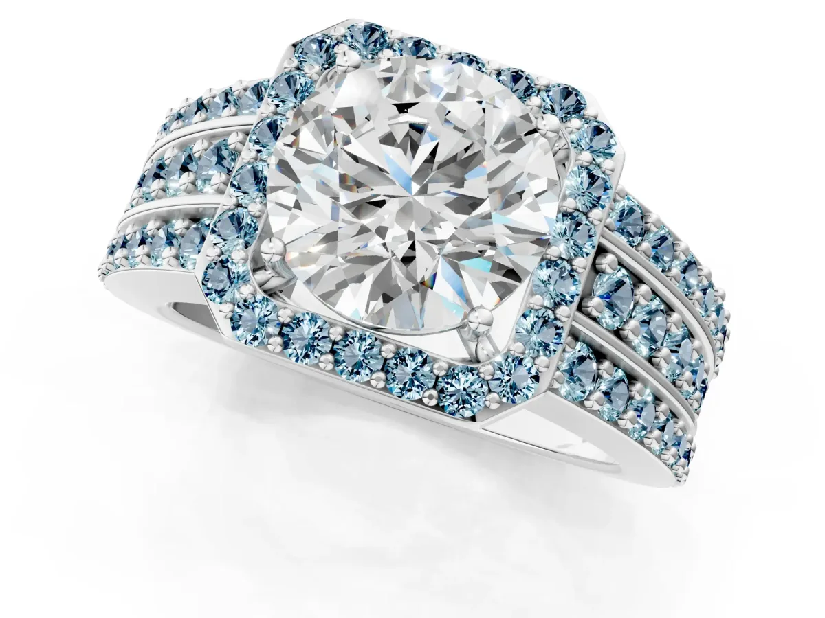 Round Cut Halo Diamond Ring with Round Aquamarine Split Shank and Prong Setting White gold