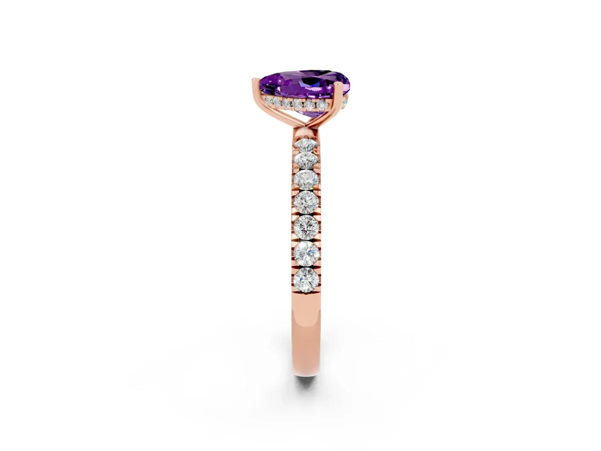 Heart Cut Amethyst Pave Band Solitaire Ring with Round and Prong Setting Rose gold