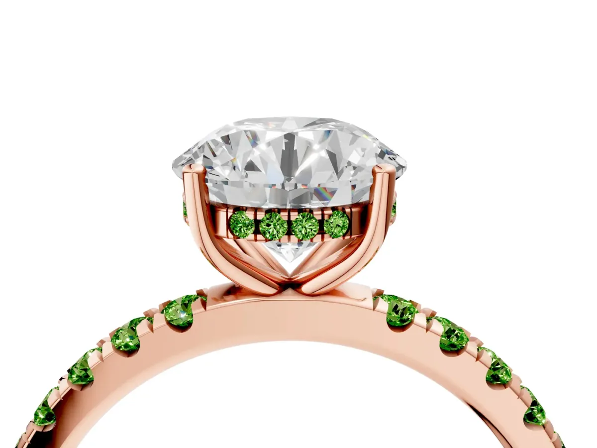 Round Cut Diamond Pave Band Solitaire Ring with Round Peridot and Prong Setting Rose gold