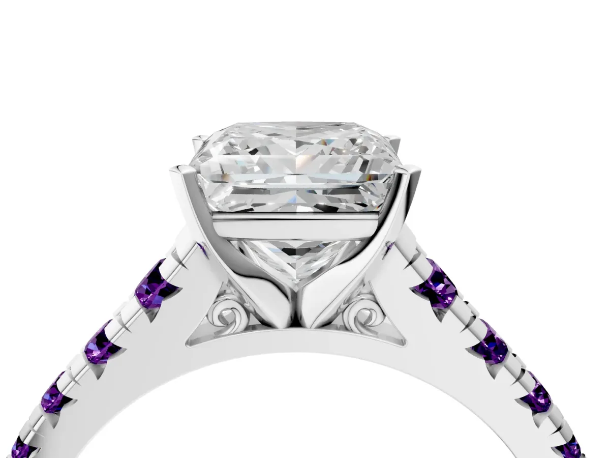 Princess Cut Diamond Cathedral Solitaire Ring with Round Amethyst Pavé Band Platinum