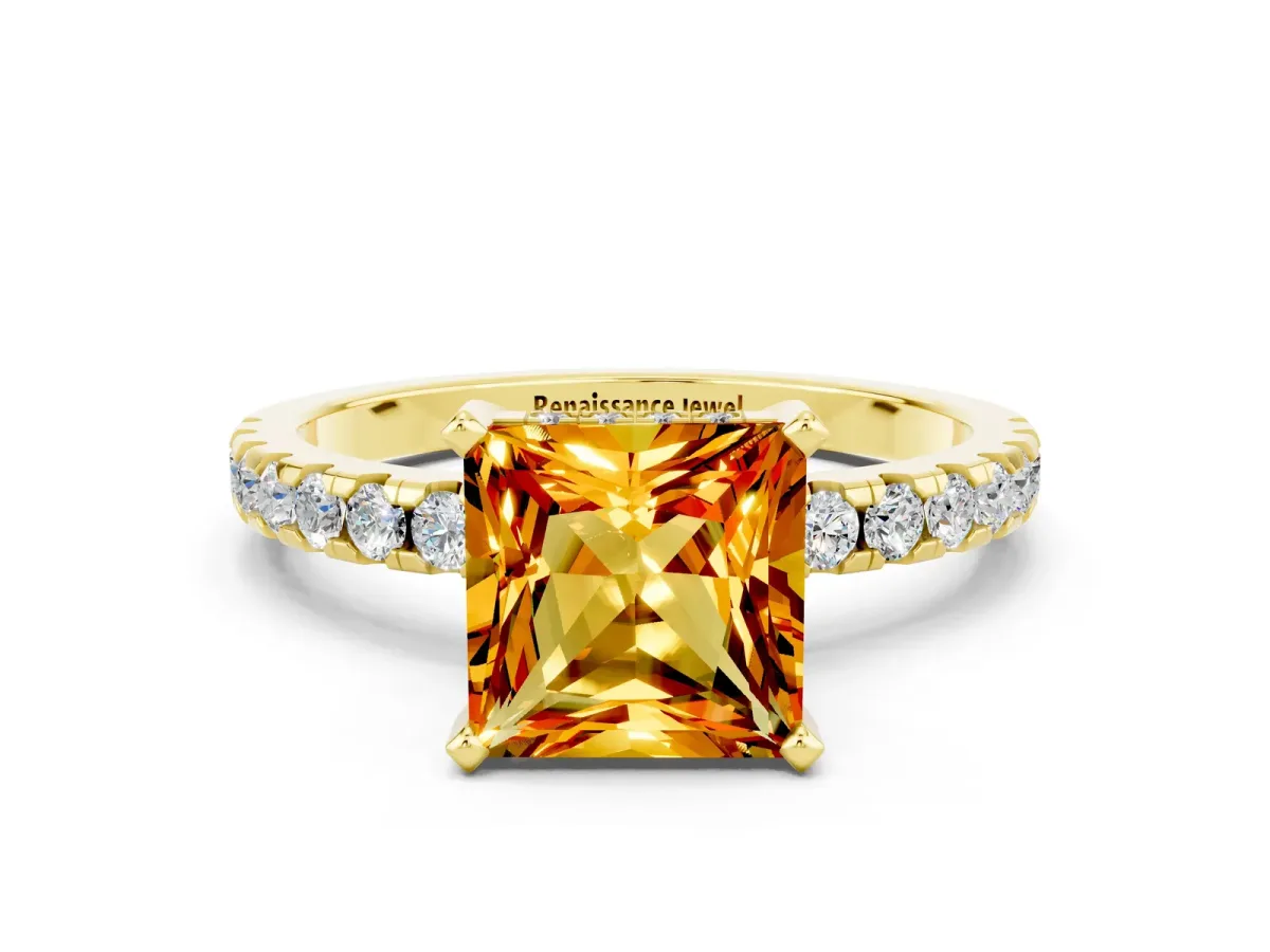Princess Cut Citrine Solitaire Ring with Round Pavé Band and Four-Prong Setting Yellow gold