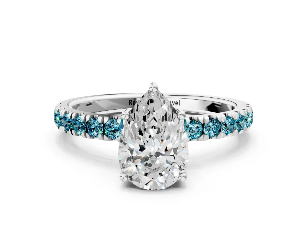 Pear Cut Diamond Pave Band Solitaire Ring with Round Blue Topaz and Prong Setting Platinum