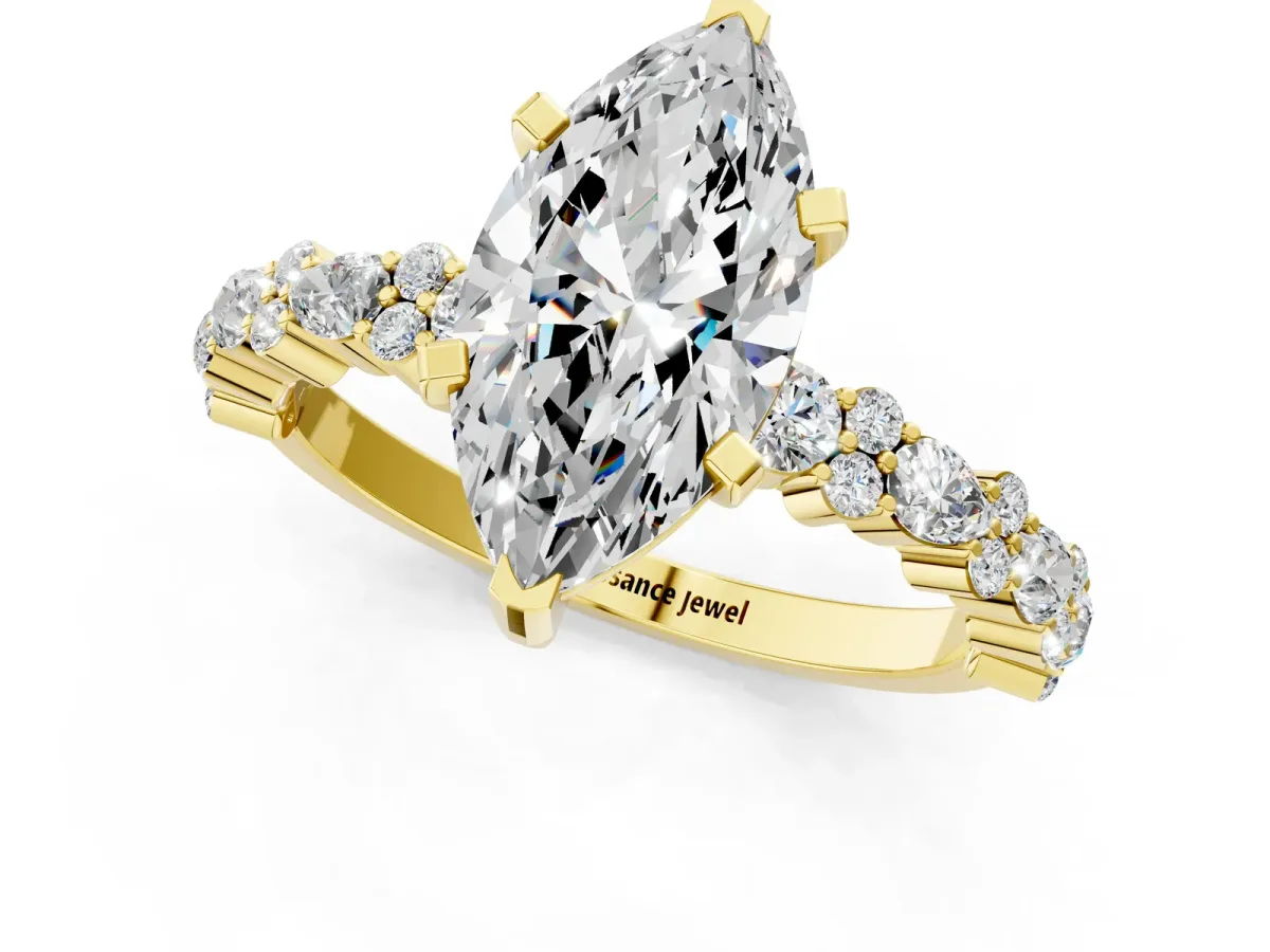 Marquise Cut Diamond Side Stone Solitaire Ring with Round Moissanite and Four-Prong Setting Yellow gold