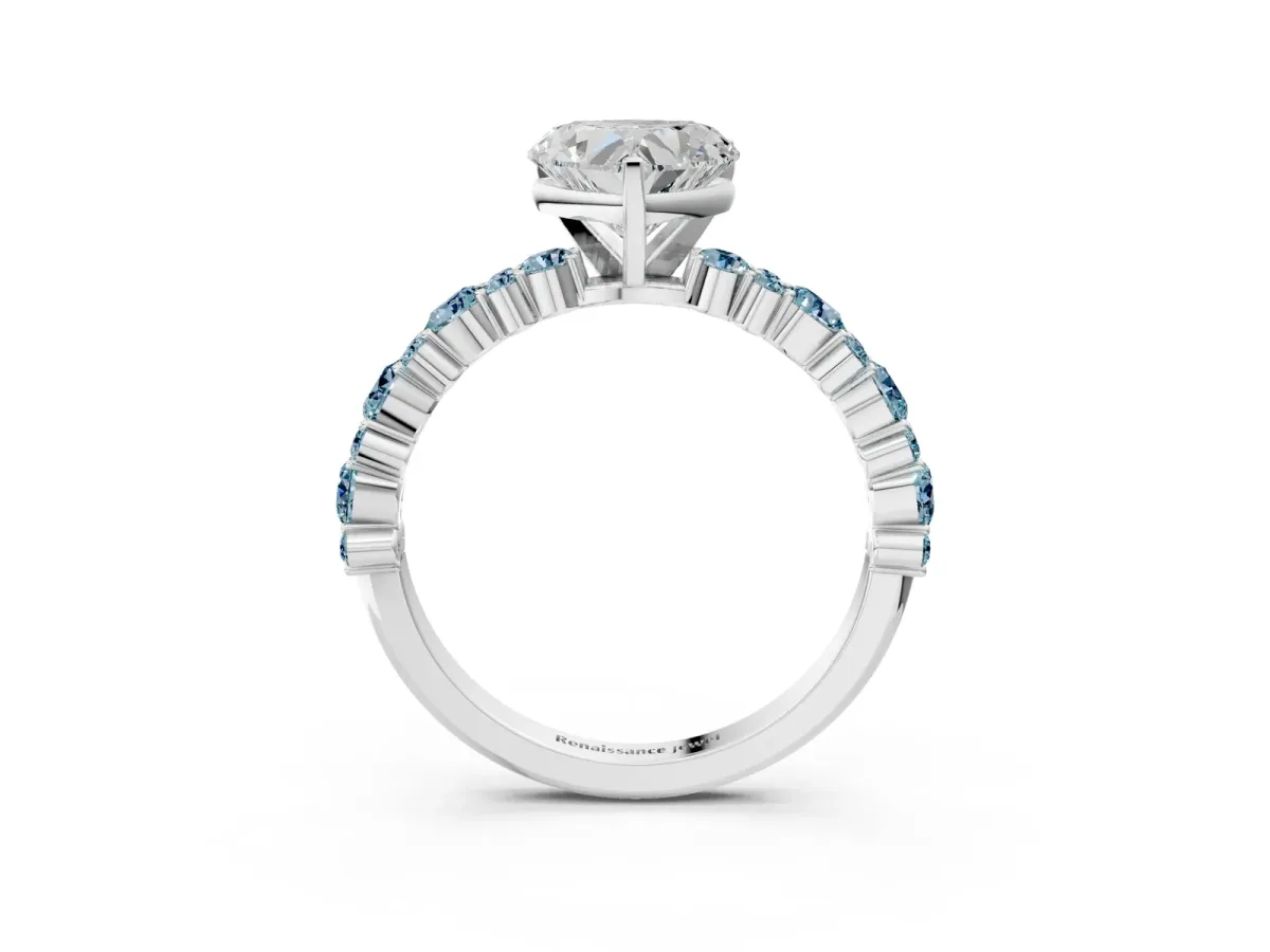 Heart Cut Diamond Side Stone Solitaire Ring with Round Aquamarine and Four-Prong Setting Platinum