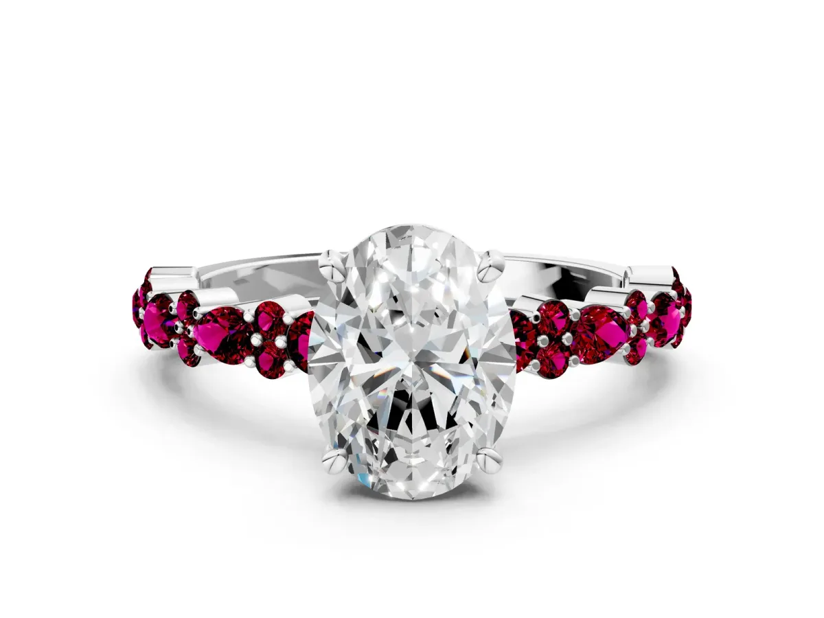 Oval Cut Diamond Side Stone Solitaire Ring with Round Garnet and Four-Prong Setting Silver