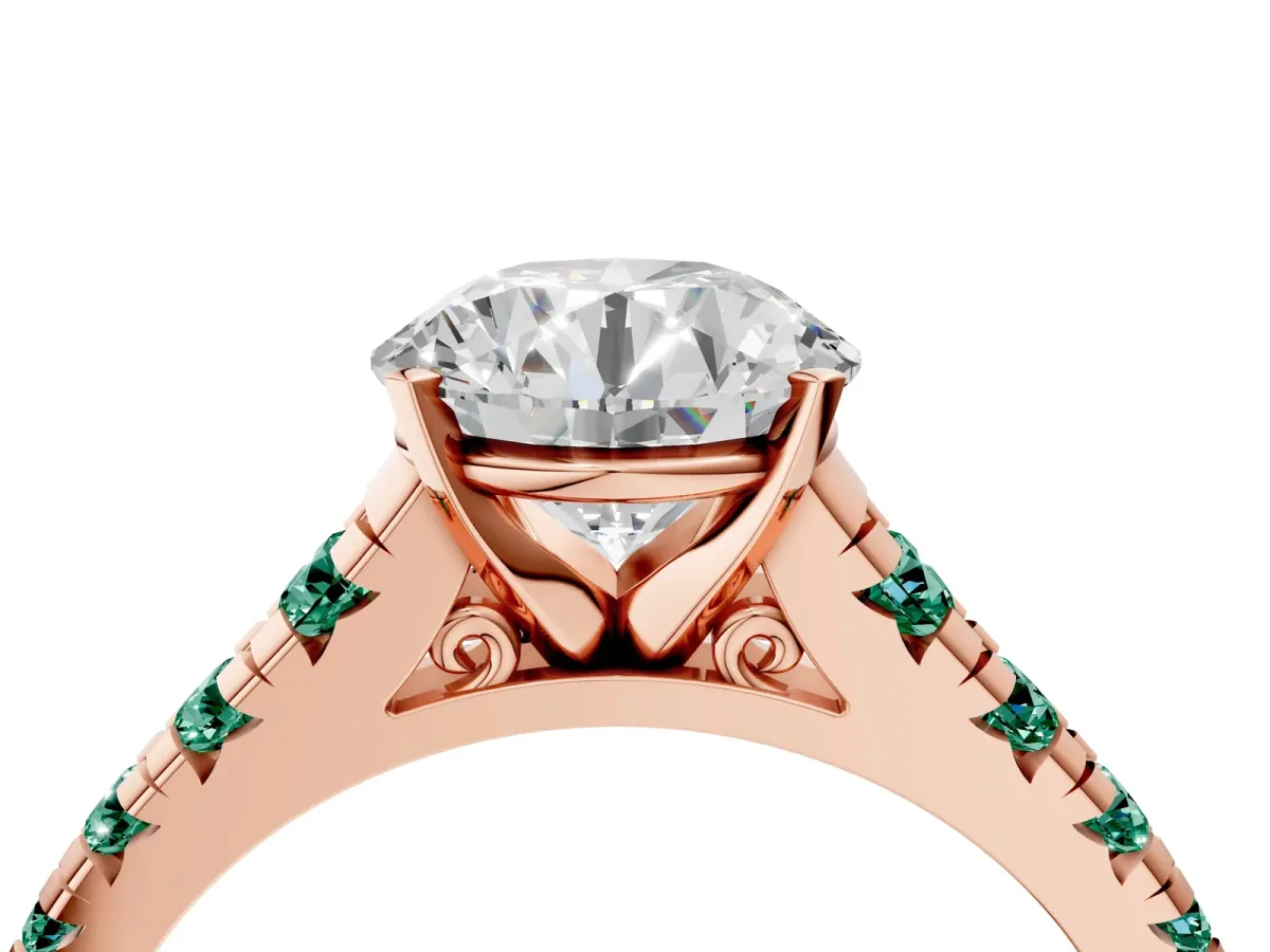 Round Cut Diamond Cathedral Solitaire Ring with Round Green Sapphire Pavé Band Rose gold