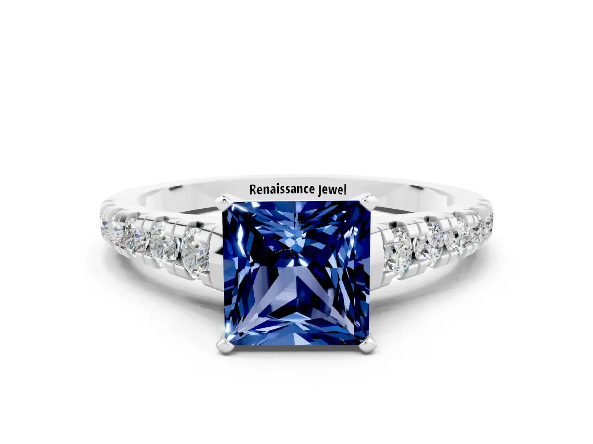 Princess Cut Blue Sapphire Cathedral Solitaire Ring with Round Pavé Band Platinum