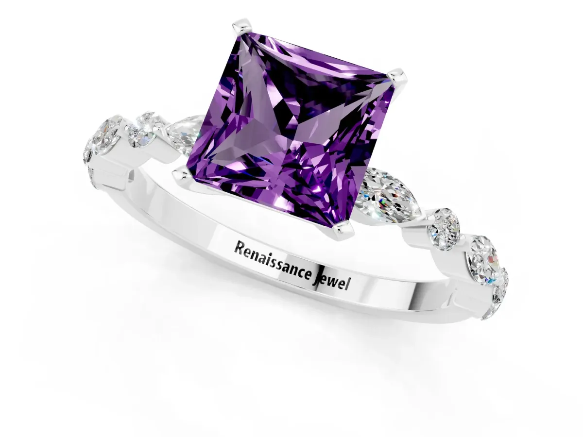 Princess Cut Amethyst Ring with Marquise and Round Side Stones and Four-Prong Setting Platinum