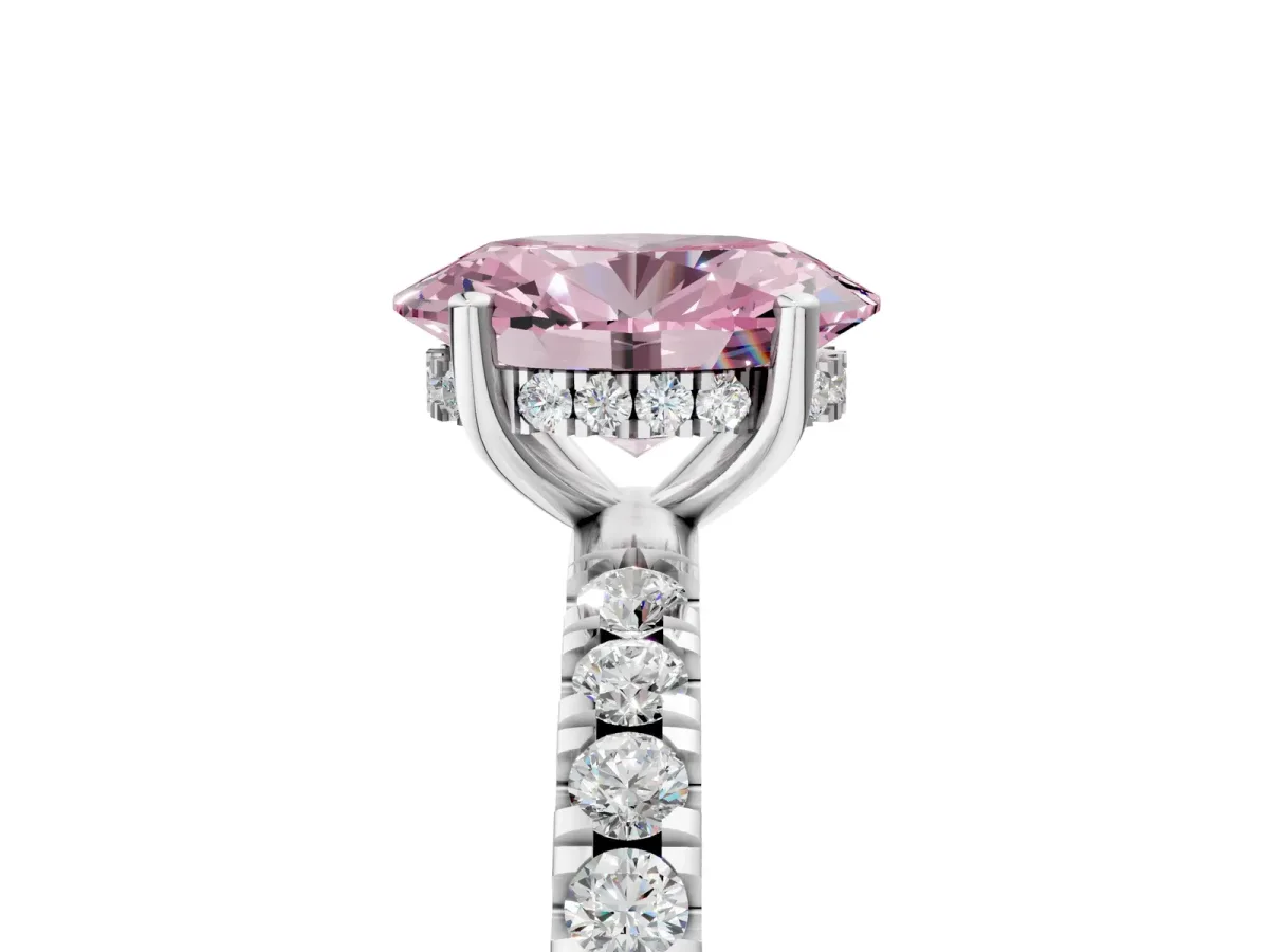 Fancy Pink Oval Cut Diamond Pave Band Solitaire Ring with Round and Prong Setting Platinum